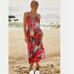 Farm Rio Festival Halter Dress Size L Pink Blue Braided Beach Sundress NWT